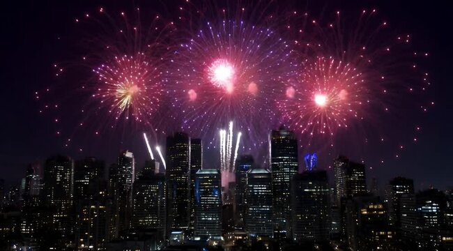 Fireworks and Sparkling Light Trails Exploding Over Modern City Skyline Skyscrapers During a Festive Night Celebration