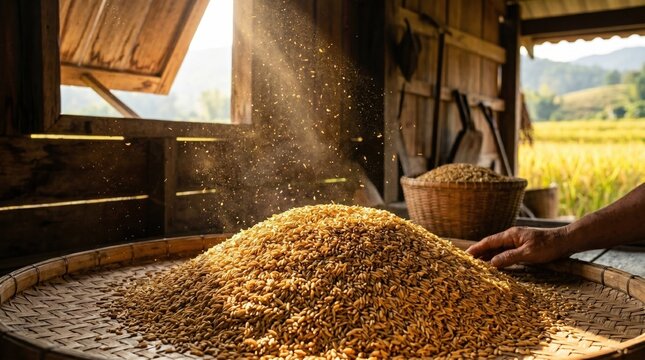 Pile of golden paddy rice seeds on traditional bamboo threshing basket inside old wooden barn with sunlight beam.