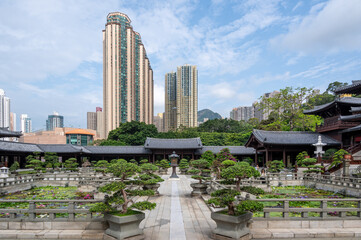 Fototapeta premium Symmetrical courtyard of Chi Lin Nunnery with bonsai trees and lotus ponds contrasted with skyscrapers in Hong Kong