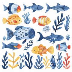 Colorful fish swim among sea plants in a bright underwater scene filled with various fish and coral