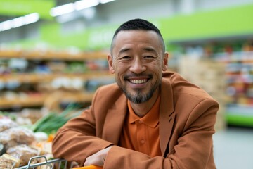 Fototapeta premium Smiling man in supermarket leaning on shopping cart with fresh groceries for lifestyle background and retail banner use