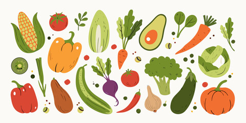 Fototapeta premium Fresh Vegetable Collection Colorful Vector Illustration With Scattered Elements