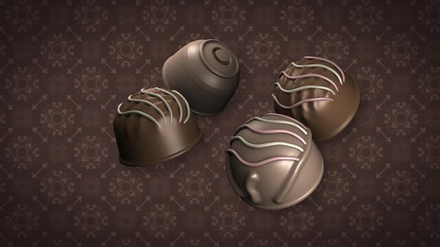 Assorted Gourmet Chocolate Pralines on Patterned Brown Background
