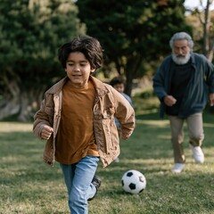 Obraz premium Young boy playing soccer with his grandfather in a park family activity background for banner and lifestyle wellness design