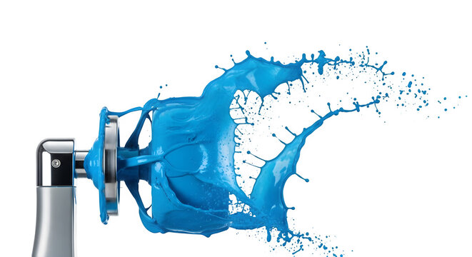 Paint gun spraying vibrant blue paint isolated on transparent background