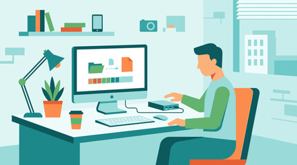 Fototapeta premium Man working on computer at desk in modern home office with plants and books