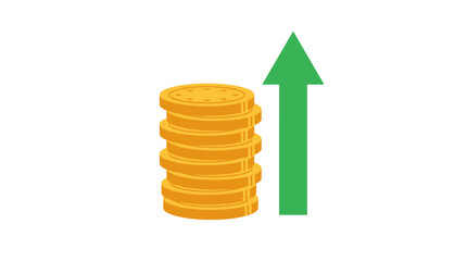 Financial Growth Symbol: A stack of gold coins stands next to a vibrant green arrow pointing upwards, symbolizing financial growth, investment, and economic progress. © Duran