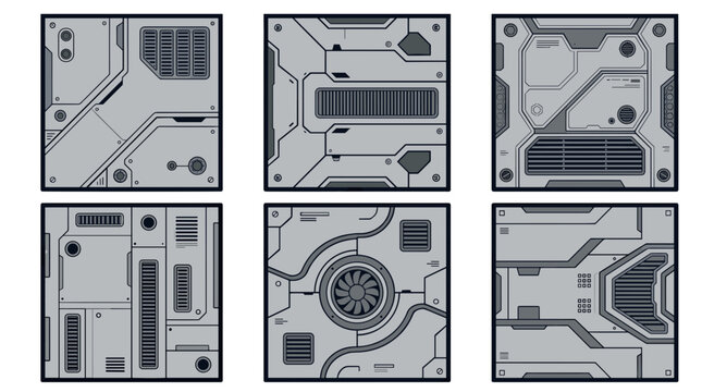 Futuristic Sci Fi Panel Designs Set of Six Different Grey Metallic Textures