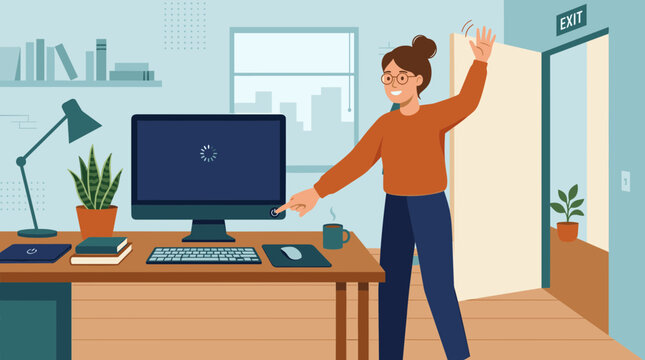 Woman happily leaving office work and waving goodbye to computer screen