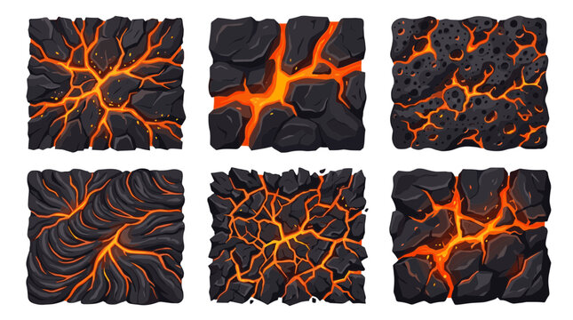 Set of six pixel art lava textures with glowing cracks and molten rock