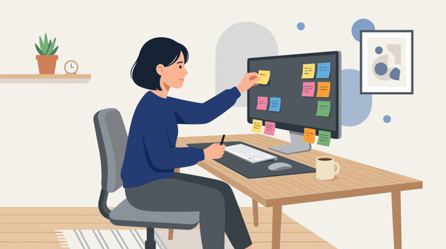 Woman working at desk with computer and sticky notes planning tasks and projects