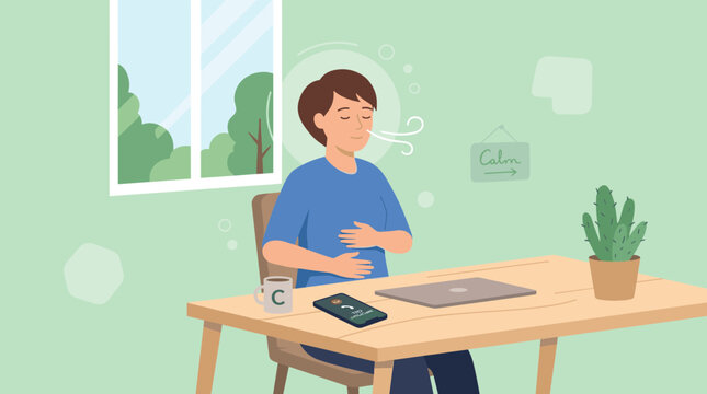 Person meditating at desk with laptop and coffee, practicing mindfulness and deep breathing