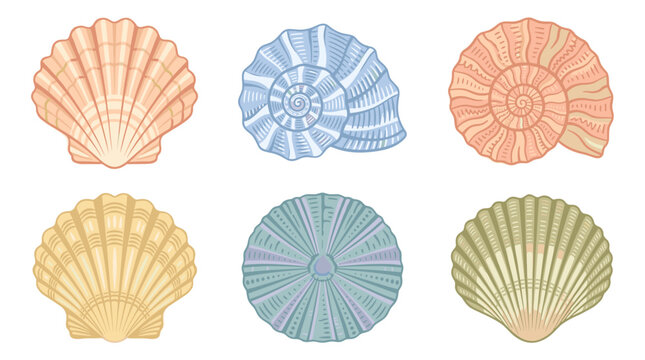 Collection of colorful seashell illustrations on a white background