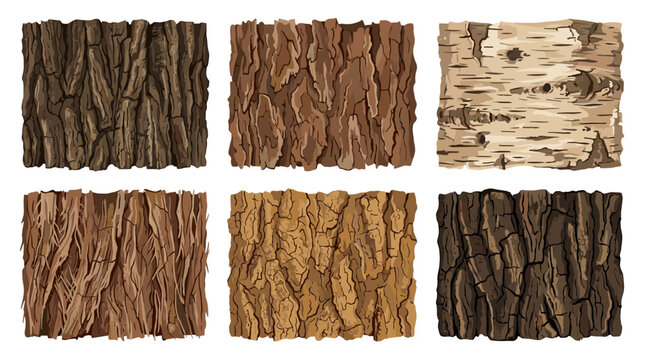 Collection of six different tree bark textures and patterns isolated on white background
