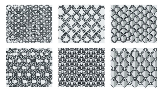 Collection of six different chainmail patterns and textures for armor and historical designs