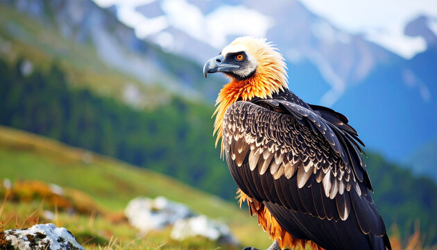 Bearded vulture (Gypaetus barbatus), blurred background. AI