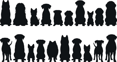 Dog Breed Silhouette Collection with Sitting and Standing Canines for Pet Care, Veterinary Clinic, Adoption, and Animal Shelter Graphic Designs © MdMostakin