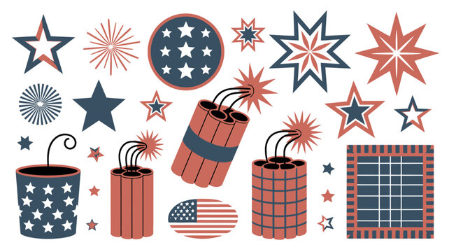 Decorative set of patriotic red white and blue fireworks and explosive dynamite sticks with various star shapes isolated on a clean white background for celebrating national holidays and summer events