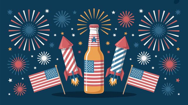 A crisp glass bottle of beer wrapped in the american flag design stands proudly beside two explosive fireworks rockets and small national flags during a vibrant fourth of july celebration.