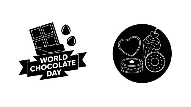 World chocolate day badge featuring a dark cocoa bar with nuts and a circular icon showing delicious baked treats like heart shaped cookies and cupcakes in a simple vector style.