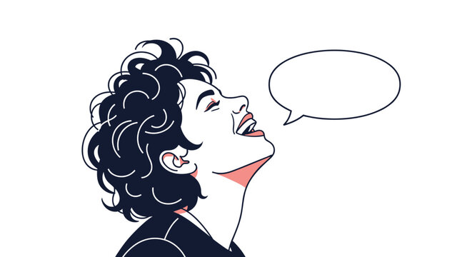 Joyful young woman with curly hair laughs enthusiastically, head tilted back, with an empty speech bubble for customizable text.