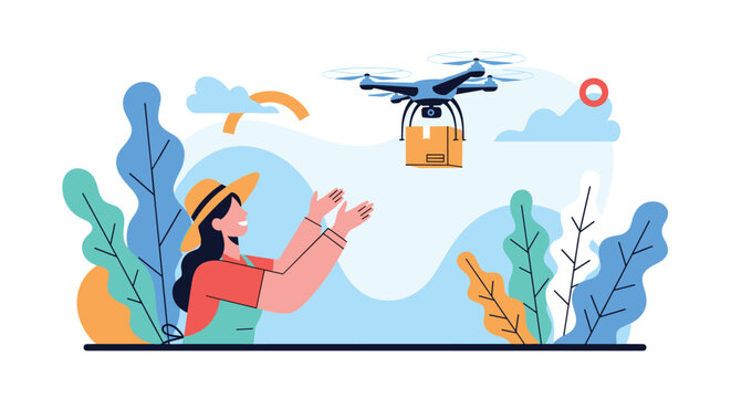 Smiling woman in a hat eagerly reaches for a package delivered by a drone, surrounded by lush plants and clouds.