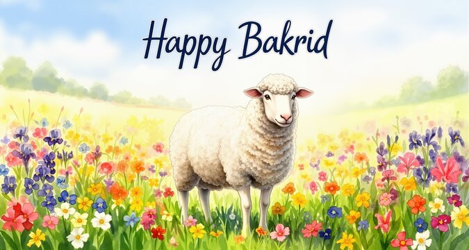Watercolor sheep standing in colorful wildflower garden with happy bakrid greeting text

