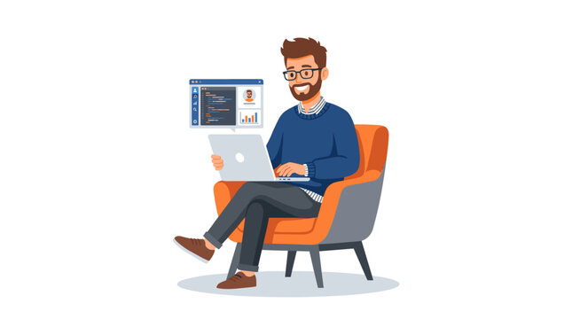 Digital Nomad at Work: A bearded man with glasses, a digital nomad, is working on his laptop in a comfortable chair, with a screen displaying code and a video call.