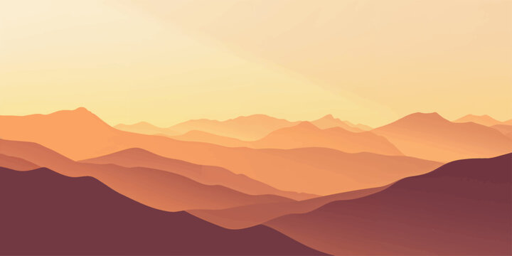 Sunrise and Sunset over Misty Mountain Range, Forested Valley and Hills with Fog, Orange and Blue Sky Horizon, Nature Landscape with Silhouettes and Dawn Light