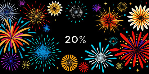 Fototapeta premium Colorful fireworks celebration with 20 percent discount text, vector