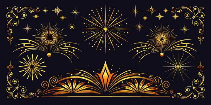 Golden fireworks stars and festive ornamental elements, vector