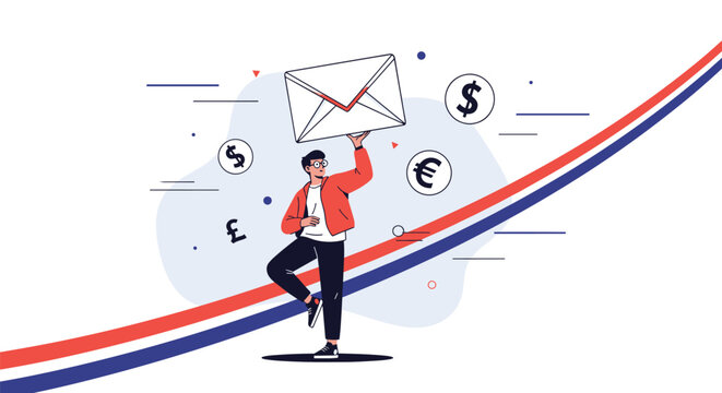 Man skillfully balances a large envelope above his head, surrounded by floating currency symbols, depicting financial transactions and communication.