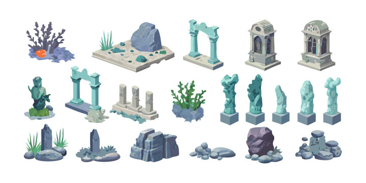 Set of isometric ancient ruins and stone elements, vector