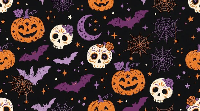 Seamless pattern background for halloween featuring pumpkins skulls and bats halloween seamless background celebration wallpaper