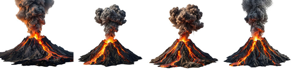 Volcanic Eruption Collection: Four Dynamic Views of Lava Flowing and Smoke Rising from Active Volcanoes Isolated on White Background for Educational Science Projects © Khan