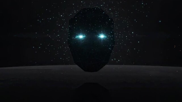 Futuristic AI wireframe face disintegrating into glowing particles. Cybernetic biometric scanning and artificial intelligence concept. 3D digital animation