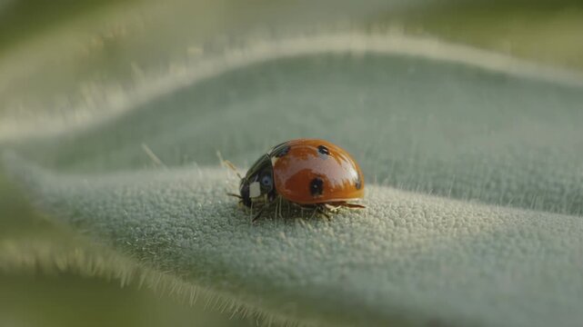 Ladybug crawls across a soft green leaf, showcasing its vibrant red shell and black spots, with blurred natural background enhancing the scene's tranquility