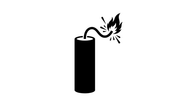 Dynamite stick with burning fuse black silhouette on white background