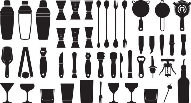 Bartender tools and cocktail glassware silhouettes collection for bar menu design and beverage service equipment vector set