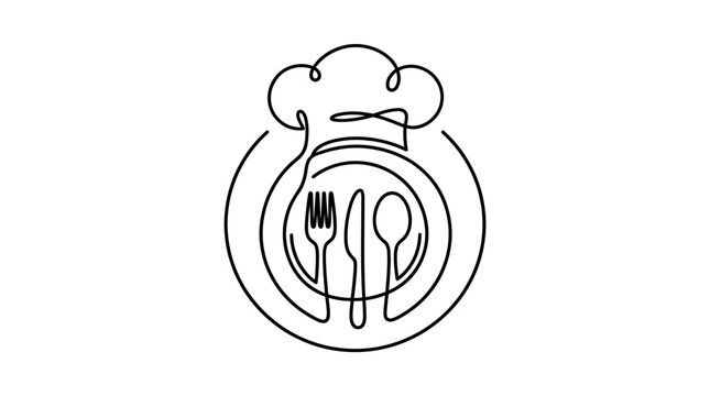 Chef Hat And Utensils Line Drawing White Background