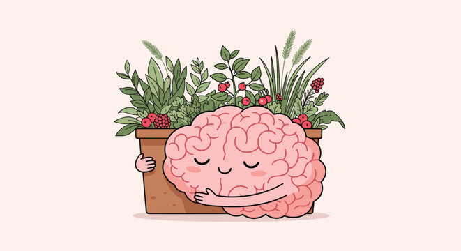 A cute cartoon brain character happily hugs a plant pot filled with lush greenery and berries, symbolizing mental well-being, growth, and nature's benefits.