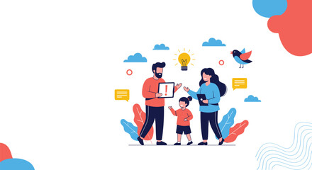 Fototapeta premium A happy family with a young girl discusses ideas and plans, surrounded by a light bulb, chat bubbles, and abstract shapes, symbolizing creativity and communication.