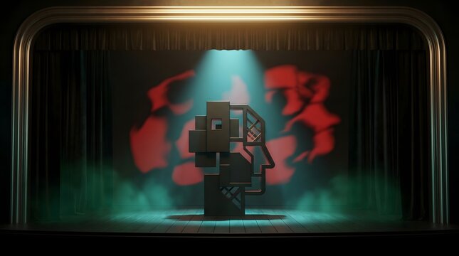 Metallic robotic head on stage under spotlight with red abstract background