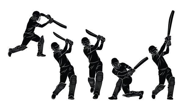 Cricket batsman hitting shot silhouette pack unique designs collection vector illustration