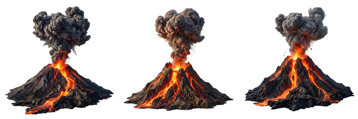 Erupting Volcanoes Collection: Majestic Volcanic Mountains with Flowing Lava and Ash Clouds, Isolated on White Background for Educational and Geological Visual Projects © Khan