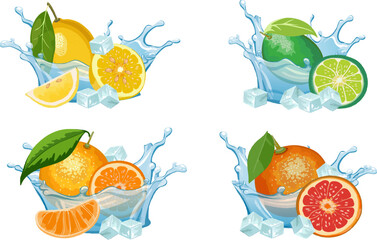 Citrus fruits in water splashes.Color vector illustration with collection of citrus fruits in water splashes on transparent background. © Инна Федорова