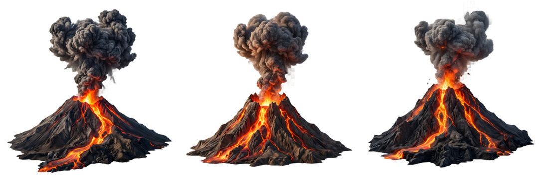 Erupting Volcanoes Collection: Majestic Volcanic Mountains with Flowing Lava and Ash Clouds, Isolated on White Background for Educational and Geological Visual Projects