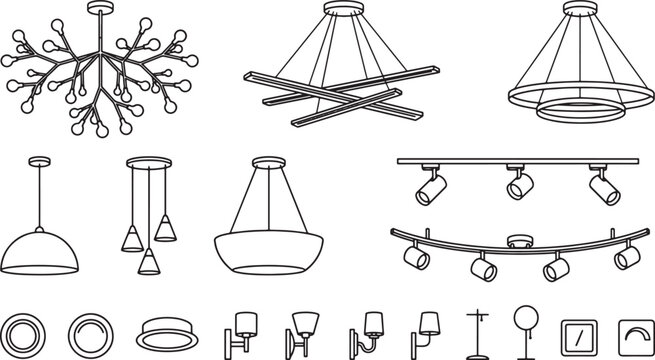 Set of modern ceiling and wall lighting fixtures in black line art style for interior design projects