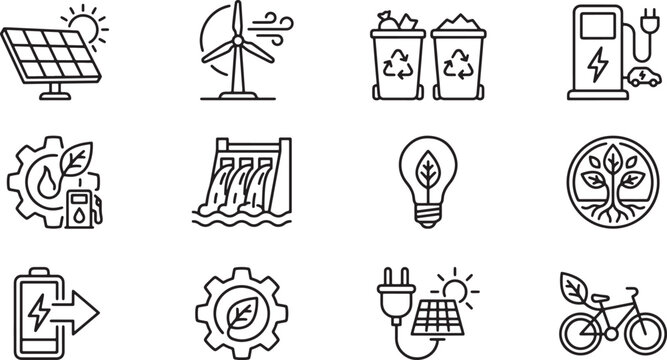 Set of renewable energy and sustainability icons featuring solar panels wind turbines and eco friendly technology line art