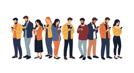 Obraz premium A diverse group of people, standing in a line and engrossed in their smartphones, illustrating modern communication, digital connection, and mobile technology usage.